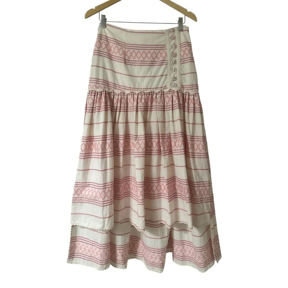 New Anthropologie Raissa A Line Striped High Low Embroidered Pleated Midi Skirt